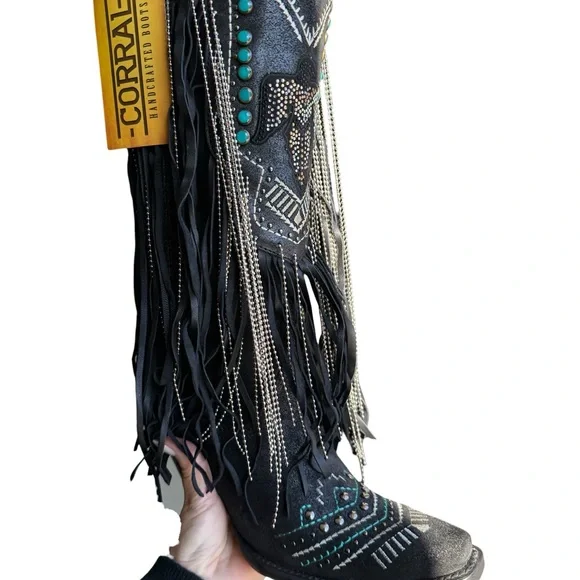 CORRAL EMBROIDERED AND CRYSTAL Black and Turquoise Eagle FRINGE WESTERN BOOTS - Picture 4 of 15